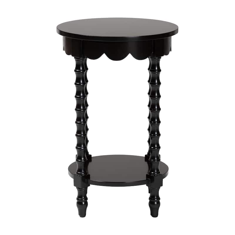 Sally Round Nightstand with Bamboo Inspired Legs - Scalloped Bedroom Side Table with Open Shelf