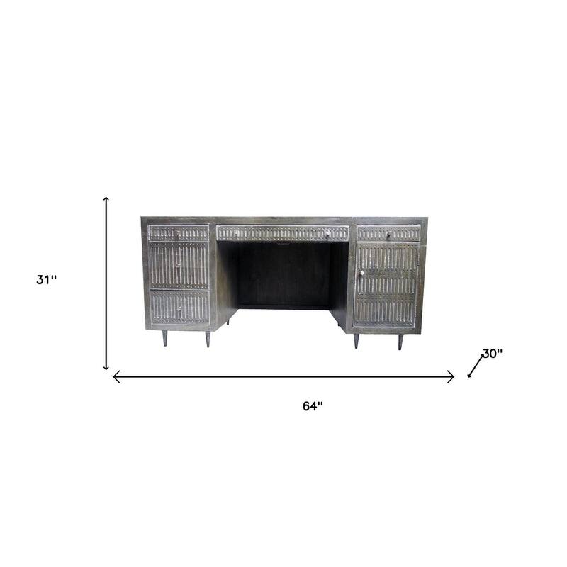HomeRoots 64" Brown and Silver Solid Wood Executive Desk With Five Drawers