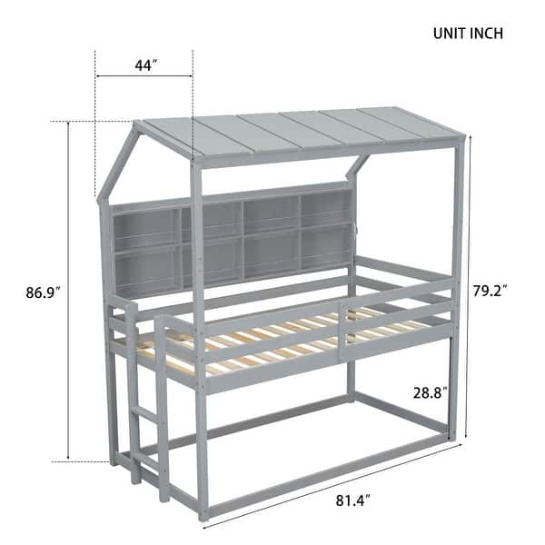 dimension image slide 1 of 2, Twin Size House Loft Bed with Guardrails, Semi-enclosed Roof, Bedside Shelves and Ladder