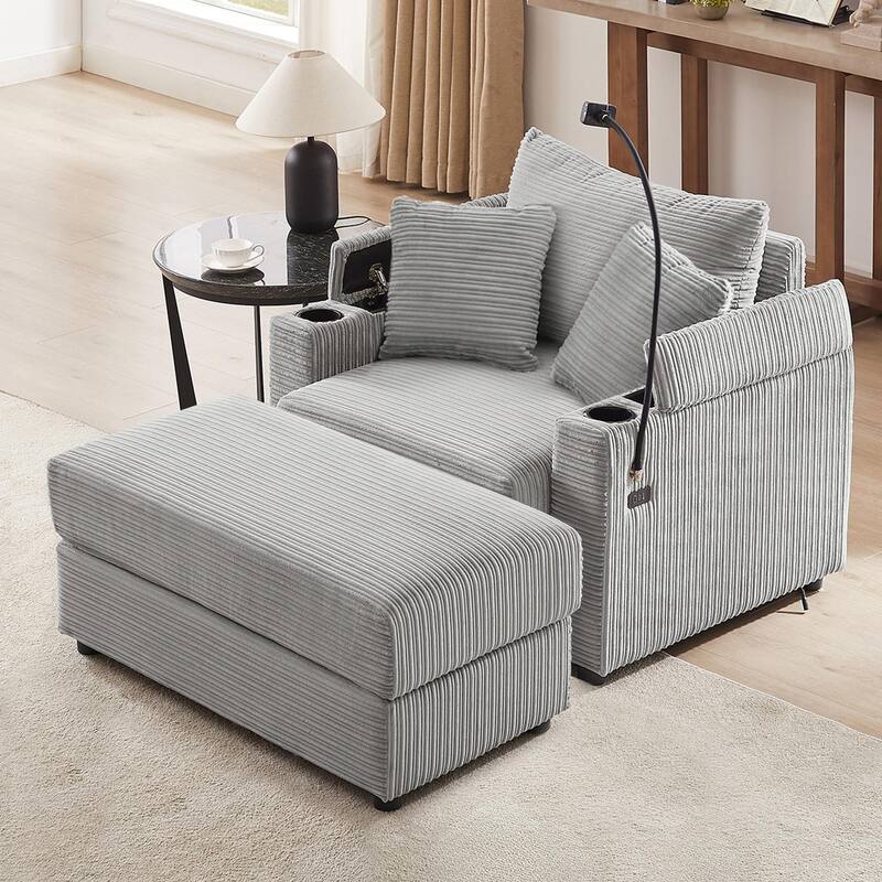 Corduroy Armchair with Footrest & USB - Grey