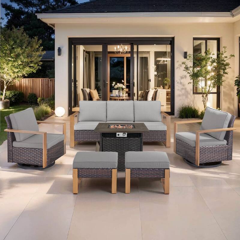 Pocassy Outdoor Fire Pit Conversation Set 3-Seat Sofa Chairs Patio Furniture Set - Brown Wicker Gray Cushion - 6-Piece Sofa Swivel Chair Ottoman with Fire Table