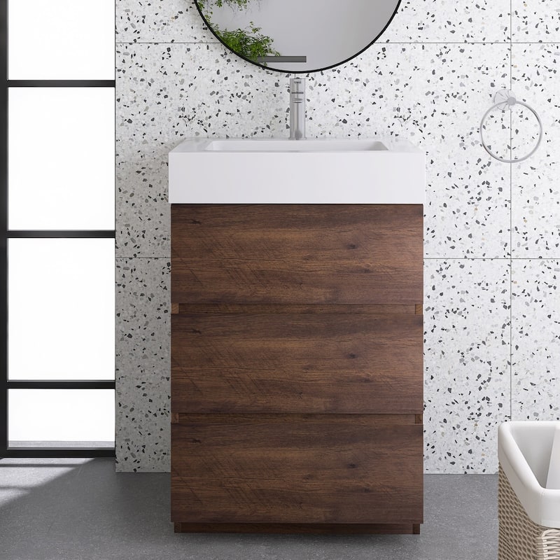 Wood Freestanding Bathroom Vanity Set with White Integrated Resin Sink - 24" x 18" - Textured - Walnut