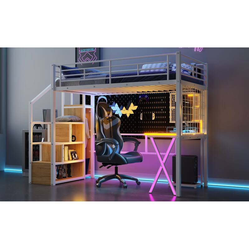 Full Size Metal Loft Bed with Desk, LED-Lit Shelves, Built-in Wardrobe, and Storage Stairs, Workstation Combo for Kids or Teens