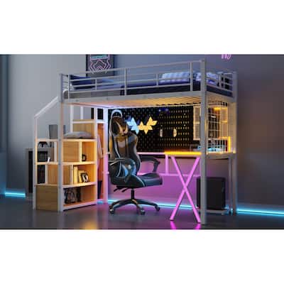 Metal Loft Bed Built-in Work Station, Wardrobe, Storage Stairs and LED