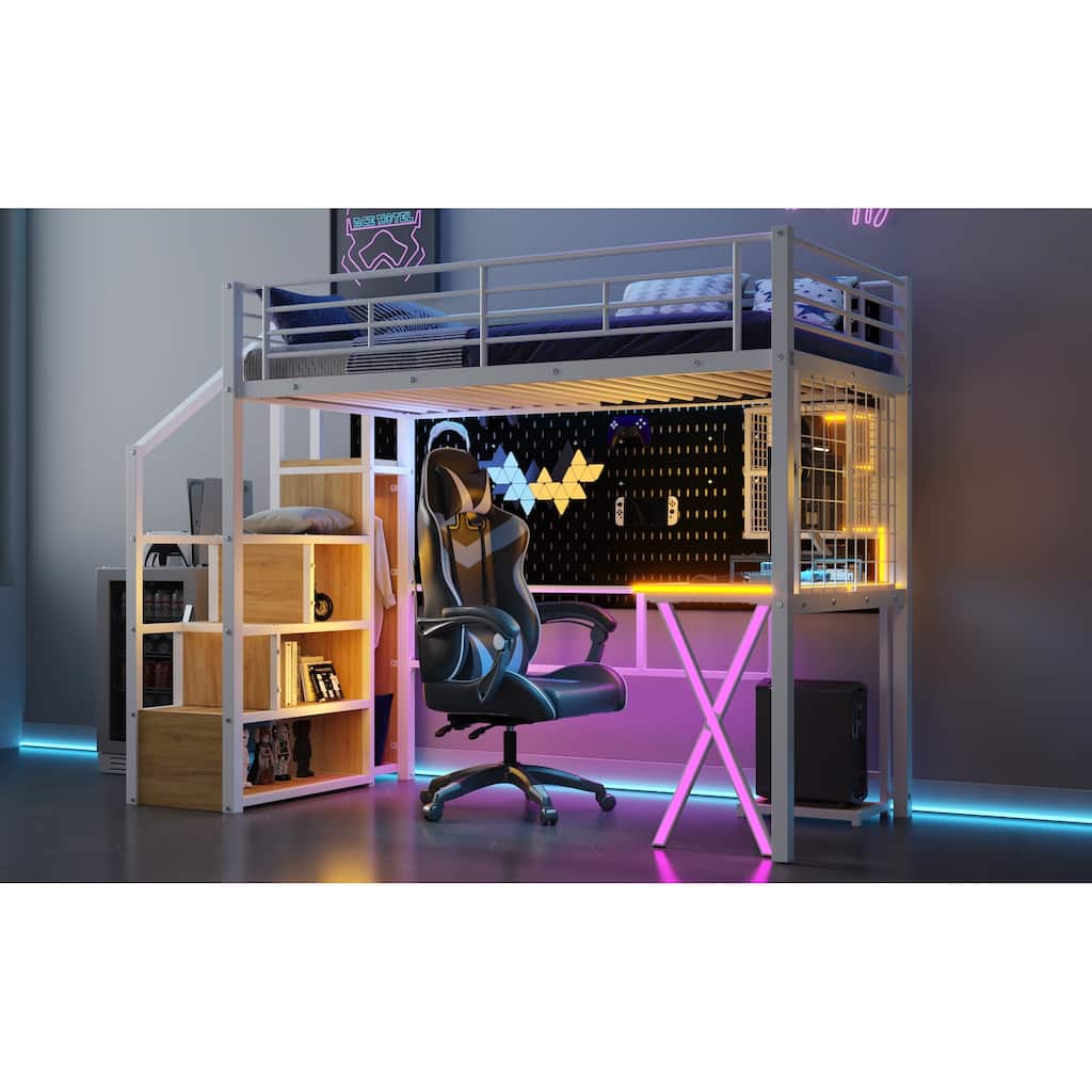 Metal Loft Bed Built-in Work Station, Wardrobe, Storage Stairs and LED