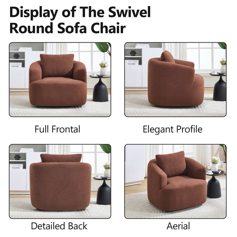 360°Swivel Round Upholstered Comfy Chair With One Soft Pillow, Teddy Fleece High-Resilience Sponge Single Sofa