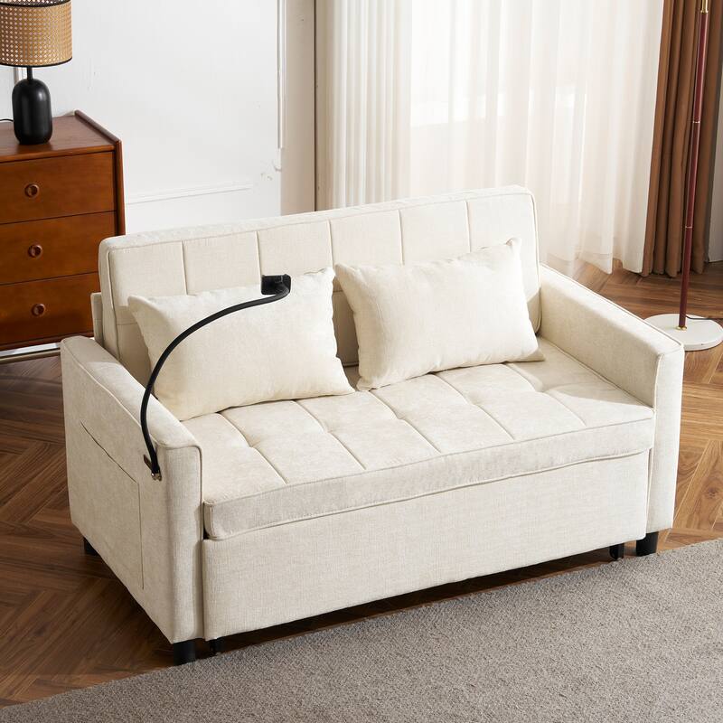 3 in 1 Sofa Couch Bed, Sleeper Sofa with Reversible Backrest Cushion, Loveseat Sofa with Side Pockets and Two USB Ports