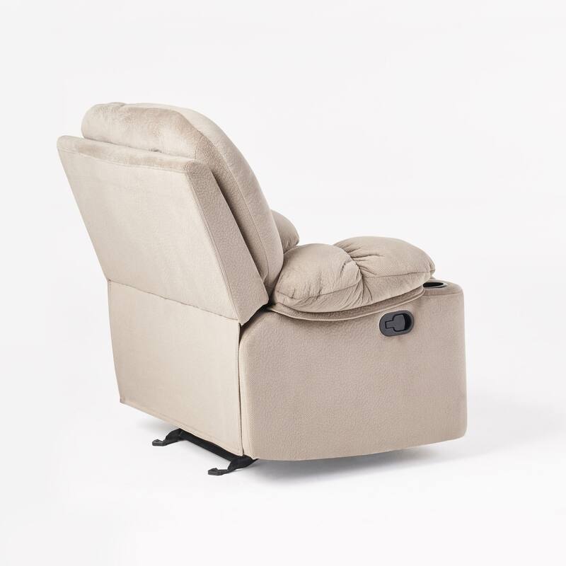 Brown Fabric Manual Recliner with Dual Cup Holders and Generous Dimensions