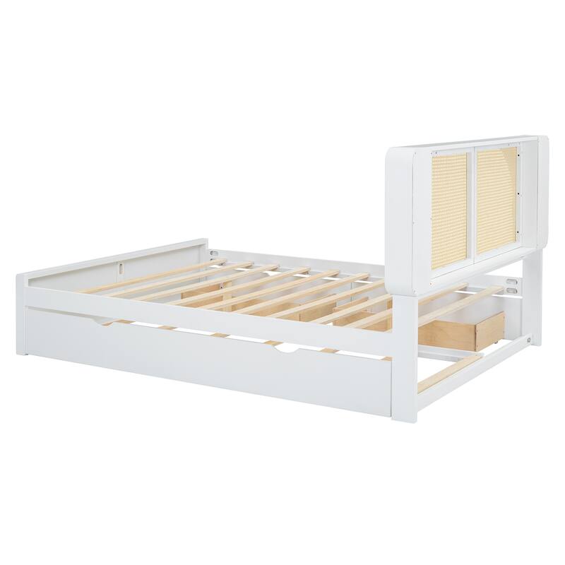 Queen Platform Bed with Rattan Headboard, 2 Storage Drawers and Pull-Out Trundle, with Built-In Compartments