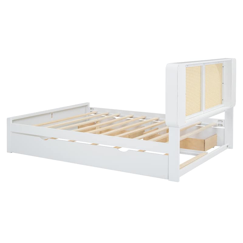 Queen Size Platform Bed with Rattan Headboard,Two Drawers and Trundle