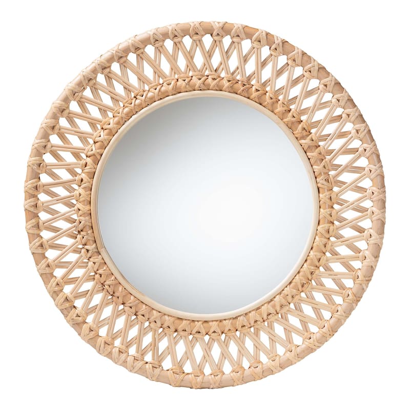 Burris Natural Rattan Wall Mirror - Handwoven Wicker Round Frame, Boho Coastal Accent Wall Decor for Entryway or Bedroom - Natural