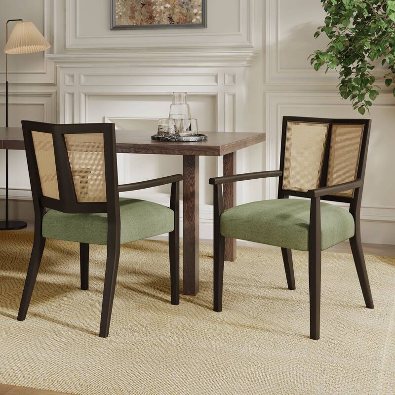 Mid-Century Modern Dining Chair with Rattan Back(Set of 2) - Dark Brown+Green-with Armrest