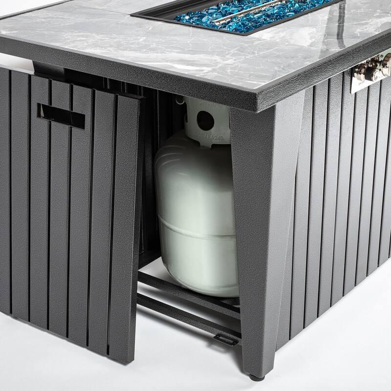 GDFStudio - Callahan 42" Steel Outdoor Fire Pit Table with Marble Tile Top, Glass Wind Guard & 50,000 BTU Flame