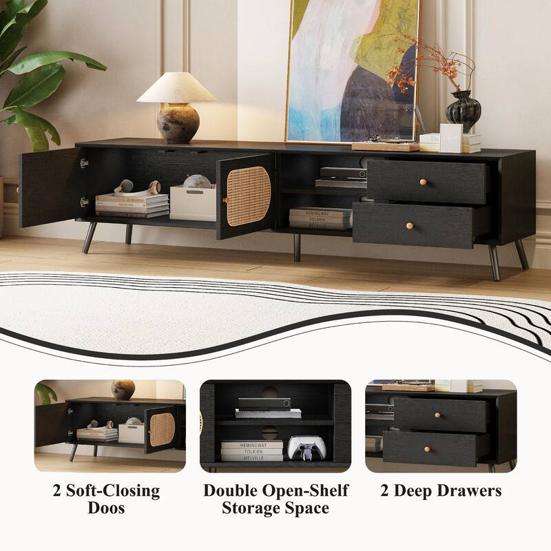 70" TV Stand for TVs up to 80 Inches, Mid-Century Modern Entertainment Center with Rattan Doors
