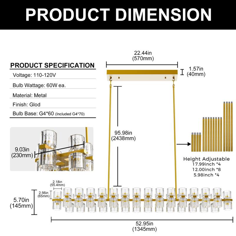 YANSUN 60-Light Brass Gold Crystal Chandelier, G4 LED, Modern Linear 3000K Warm