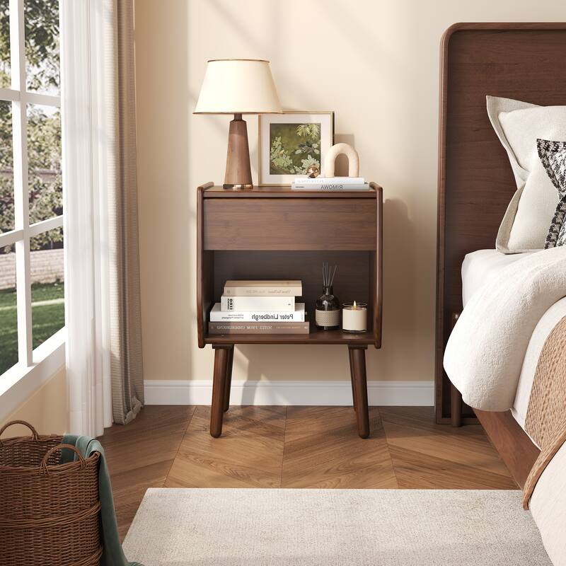 Nightstand With Drawer And Open Compartment, Solid Wood Legs
