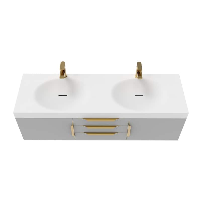 Thames 60" Shallow Basin Wall Mounted Bathroom Vanity Set w/ White Top