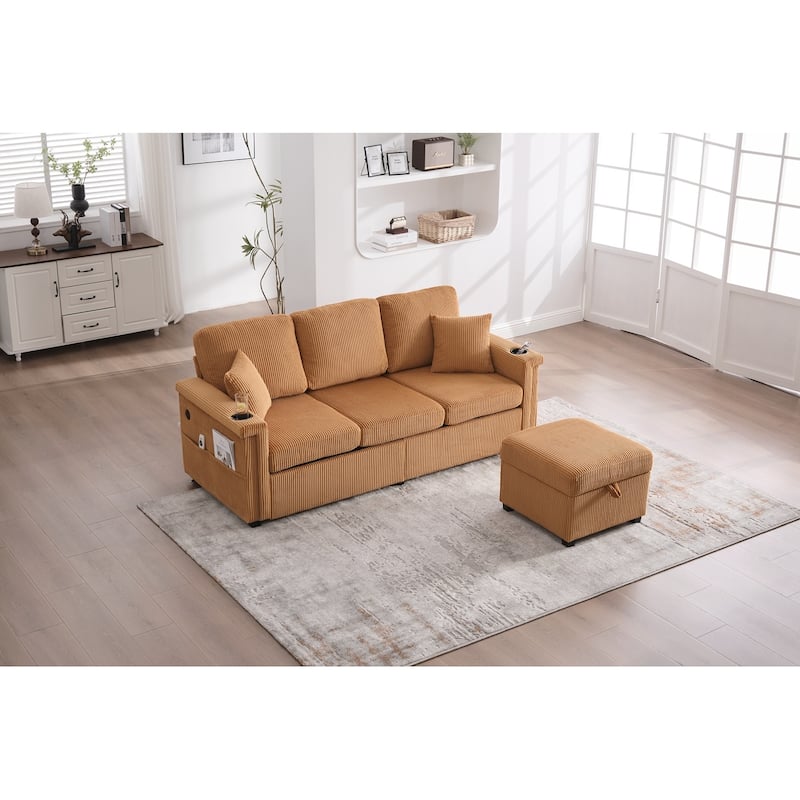 L-Shaped Sectional Sofa with Pull-Out Storage,Ottoman & Pillows 3-Seat with USB Charging,Cup Holder, Convertible Design
