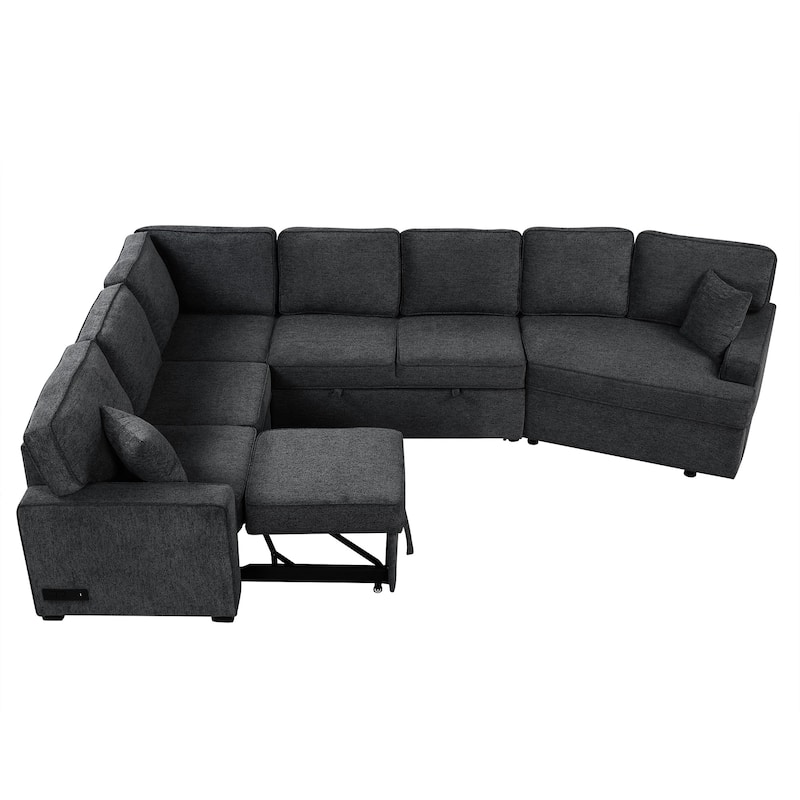 Chenille L-shaped Sectional Sofa, Pull Out Sofa Bed Modern Living Room Sleeper Sofa with Cup Holders and Charging Ports