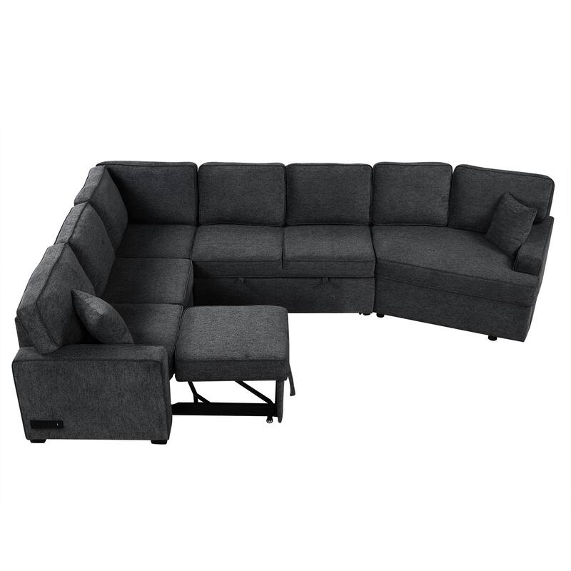 Roomfitters L-Shaped Sectional Sofa with Pull-Out Bed, Integrated Charging Devices, and Convenient Cup Holders