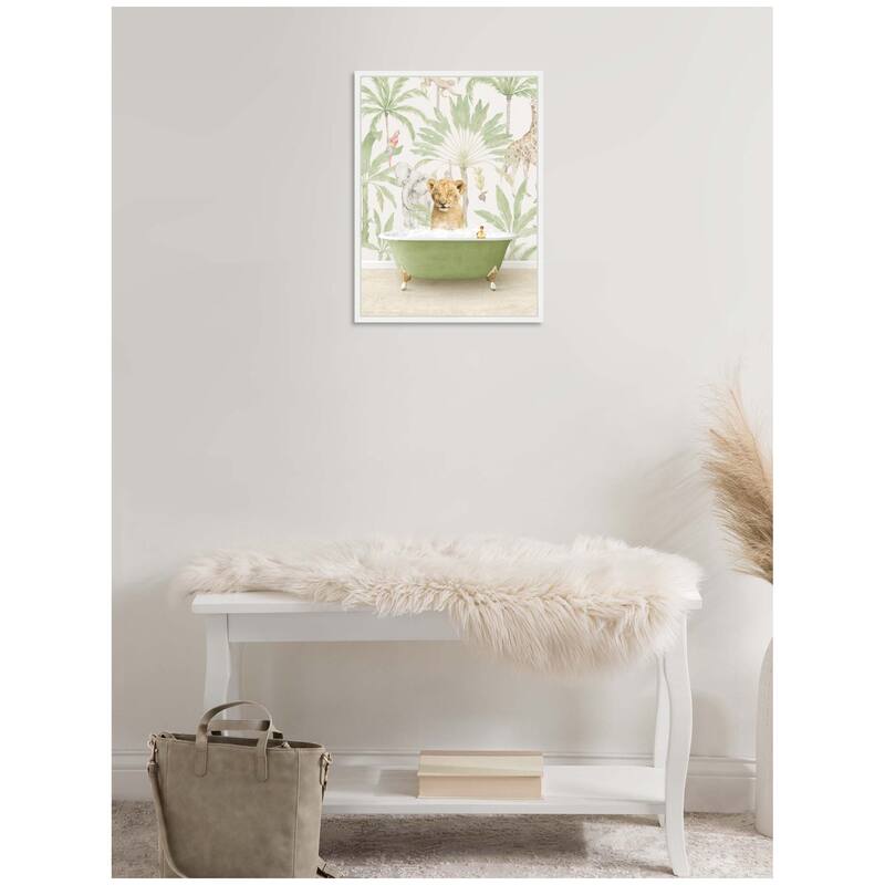 Kate and Laurel Sylvie Lion Cub in Wild Safari Bathtub Framed Canvas by Amy Peterson