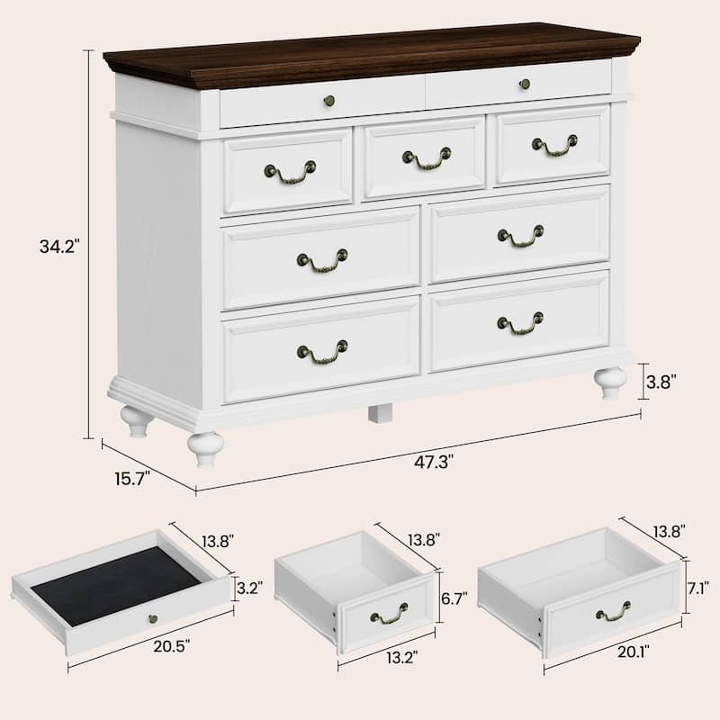 7/9 Drawer Dresser with Jewelry Storage, Rustic Wood Chest with Metal Handles, Vintage Storage Organizer