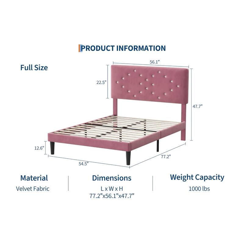 Bed Frames, Velvet Upholstered Bed Frame with Vertical Channel Tufted & Sturdy Wood Slats
