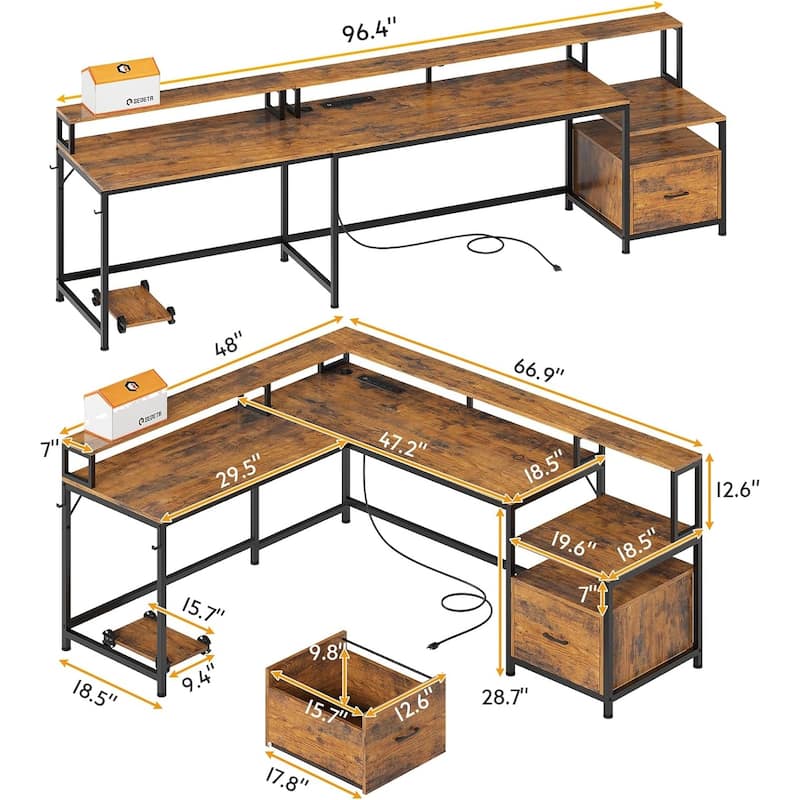 L Shaped Home Office Desk Computer desk File Drawer Power Outlet