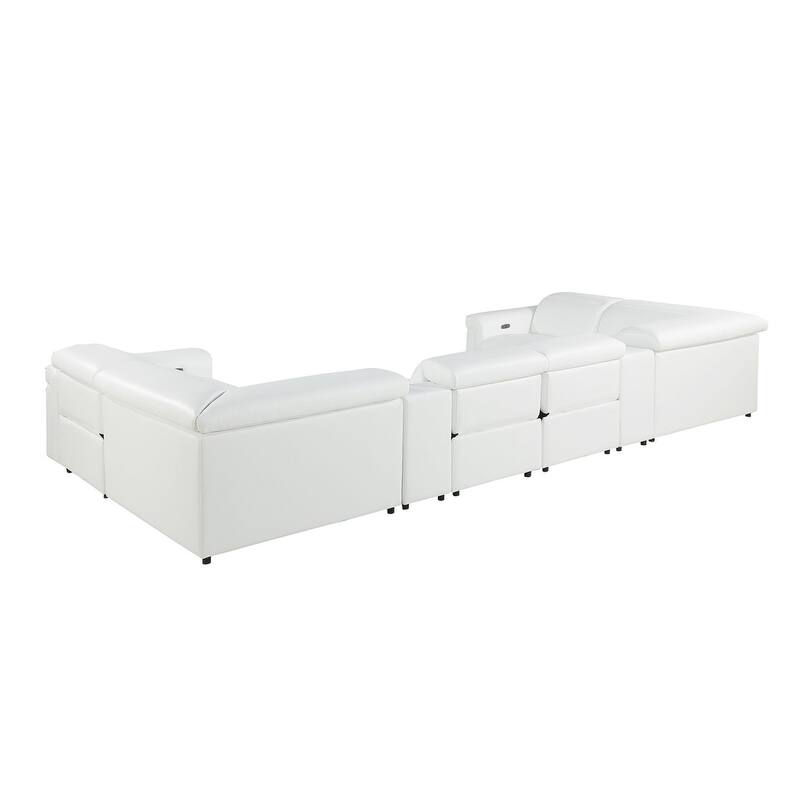HomeRoots White Italian Leather Power Reclining U Shaped Eight Piece Sectional With Console