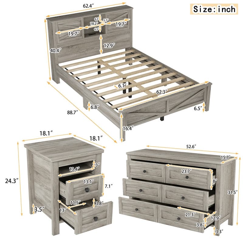 3-Pieces Farmhouse Bedroom Sets, Platform Bed with Sliding Door Storage Headboard and Charging, Nightstand and Dresser