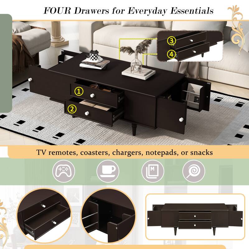 Modern Rectangle Coffee Table with 4 Drawers & 2 Side Hidden Storage Compartments, Center Table with 4 Solid Wood Legs