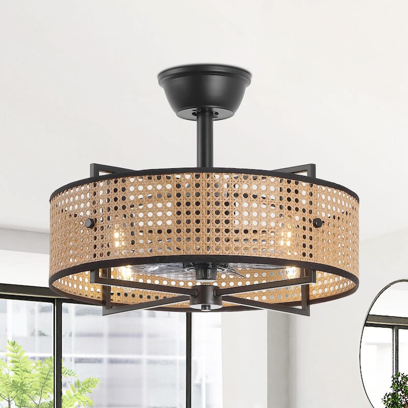 GetLedel 18-in Rattan Caged Ceiling Fan with Light and Remote - Black