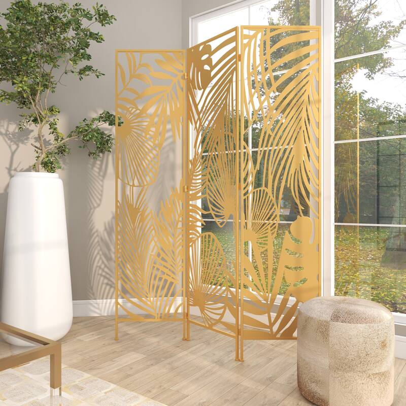 Gold Metal Foldable Partition Cutout Palm Leaf 3 Panel Leaf Partition Room Divider Screen
