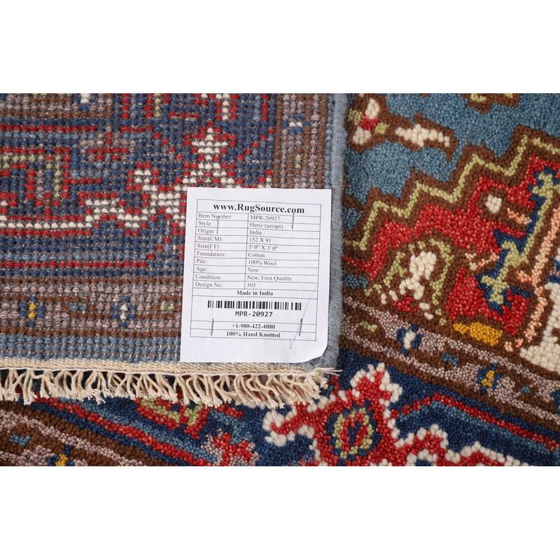 Blue Geometric Heriz Serapi Oriental Foyer Rug Handmade Wool Carpet - 3'0"x 5'0"