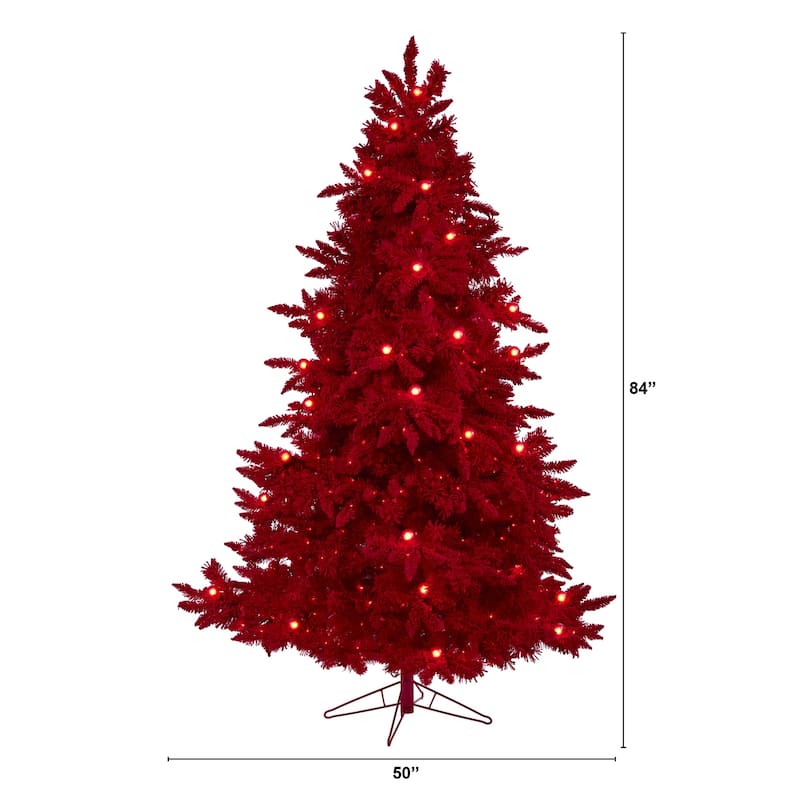 7ft. Red Flocked Fir Artificial Christmas Tree with 500 Red Lights, 40 Globe Bulbs & 1039 Branches - Bold Festive X-Mas Tree