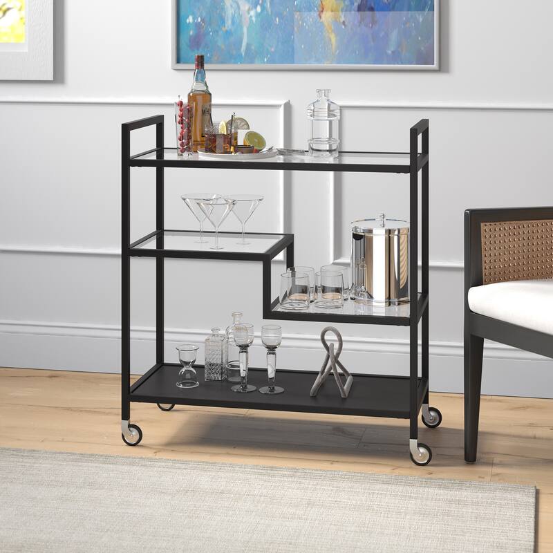 Lovett 33" Wide Rectangular Bar Cart with Glass Shelves - Blackened Bronze with Glass & Metal Shelves
