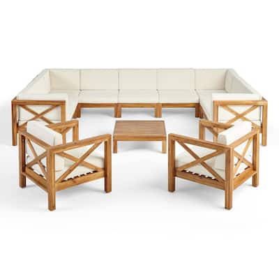 Brava Outdoor 11 Seater Acacia Wood Sectional Sofa and Club Chair Set by Christopher Knight Home