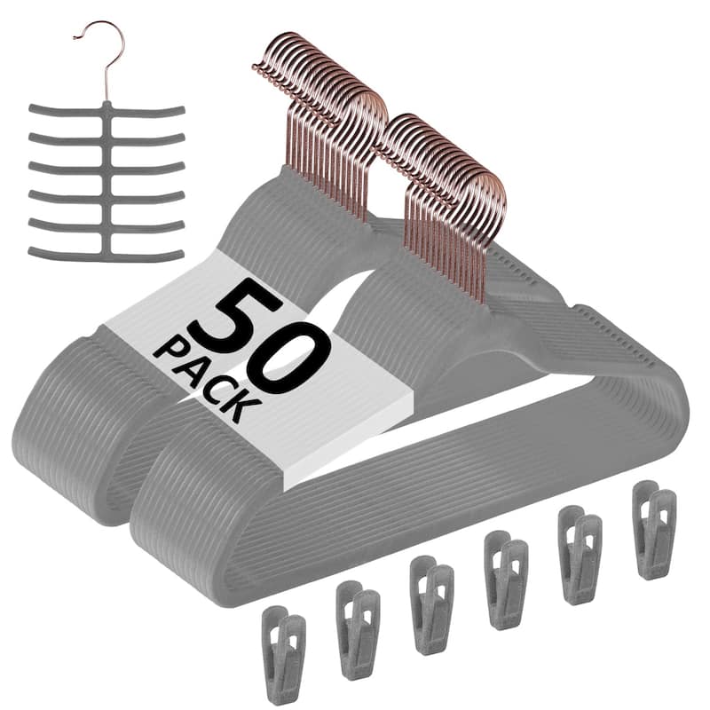 Javlergo 50/100 Pack Velvet Hangers, Heavy Duty Non Slip & Space-Saving Cloth Hangers with 6 Finger Clips & Tie Rack