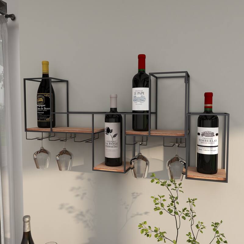 Black Metal 7 Bottle Geometric Wall Wine Rack with 5 Glass Holder Slots