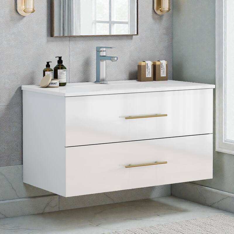 36" Gloss Wall-Mounted Bathroom Vanity with Integrated Ceramic Sink, Double Drawers & Long Gold Metal Handle