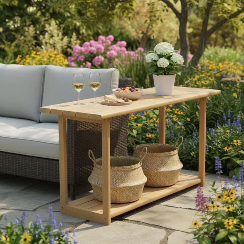 Roomfitters Woodside Outdoor Acacia Wood Buffet Console Table with Storage Shelf, Light Teak Finish - Light Teak - Light Teak