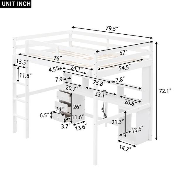 dimension image slide 0 of 2, Twin/Full Size Loft Bed with Multi-Storage Desk, LED Light, and Bedside Tray - Charging Station, White