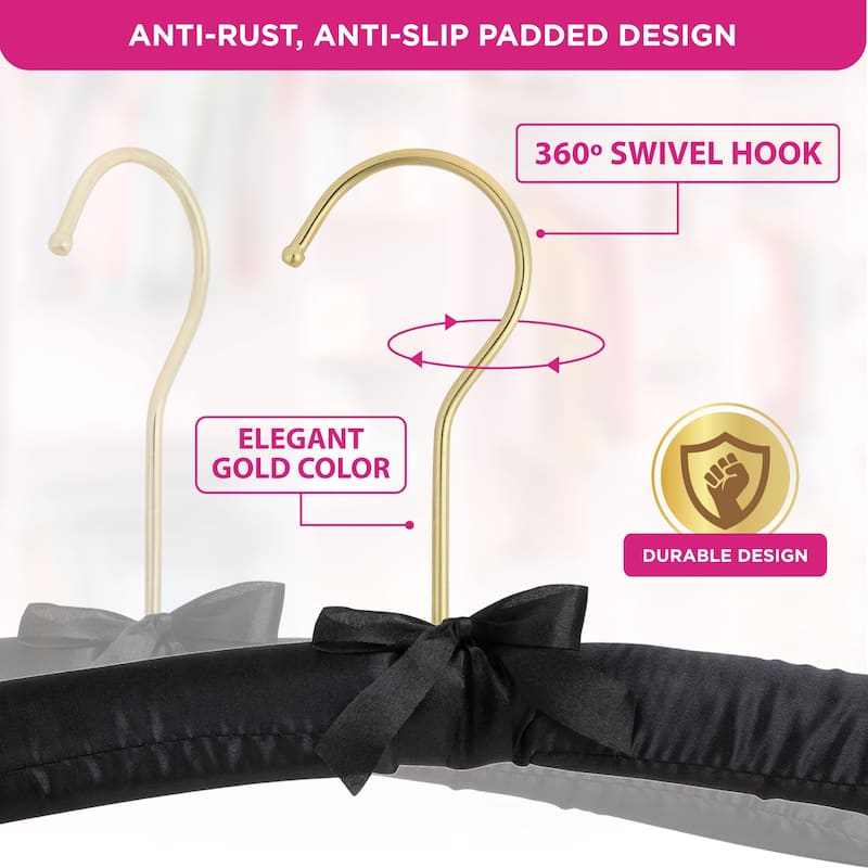 Premium HeavyDuty Thick Satin Padded Hangers Anti Slip - Black, Set of 12
