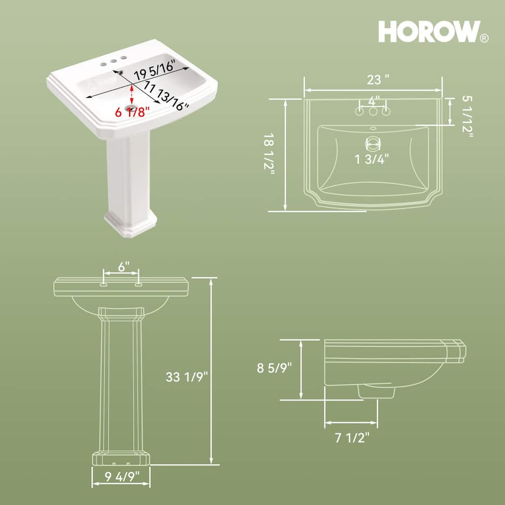 HOROW 23 in. W x18.5 in. D Rectangular Ceramic Pedestal Combo Bathroom Sink in White with Overflow Drain and 3-Faucet Holes