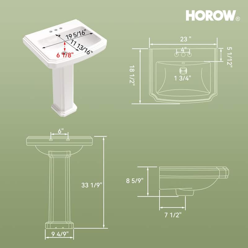 HOROW 23 in. W x18.5 in. D Rectangular Ceramic Pedestal Combo Bathroom Sink in White with Overflow Drain and 3-Faucet Holes
