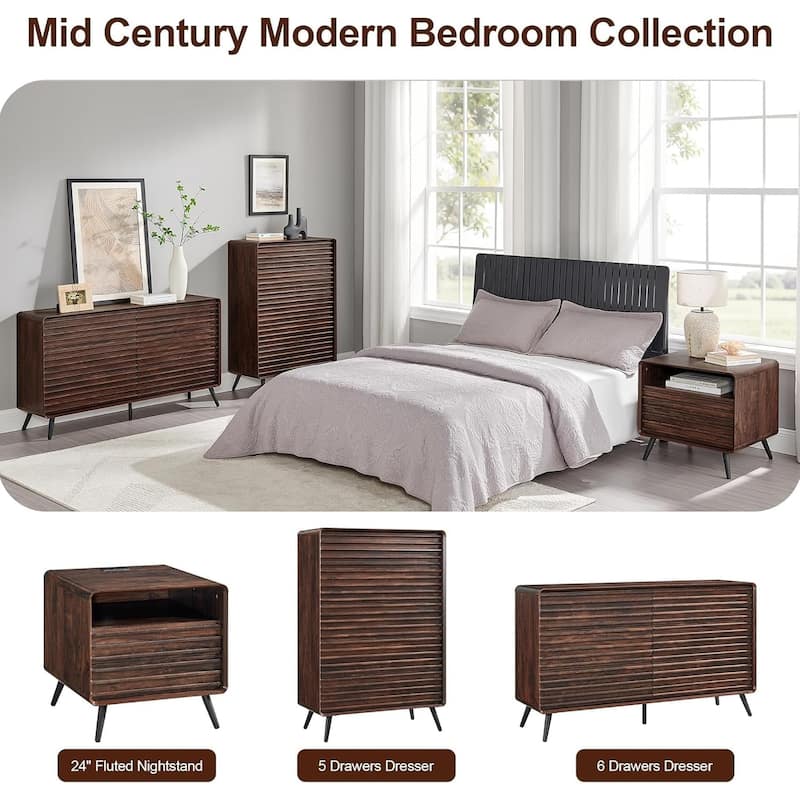 Mid Century Modern Nightstand with charging station, Wood End Table