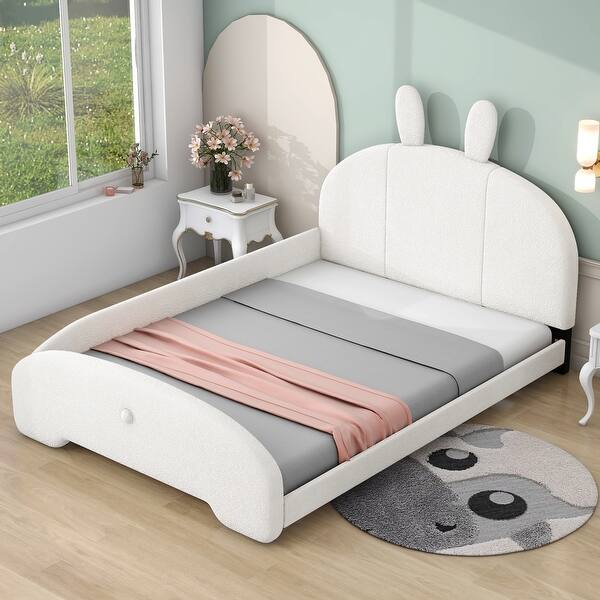 slide 2 of 8, Adorable Full Size Upholstered Platform Bed with Cartoon Ears Shaped Headboard White