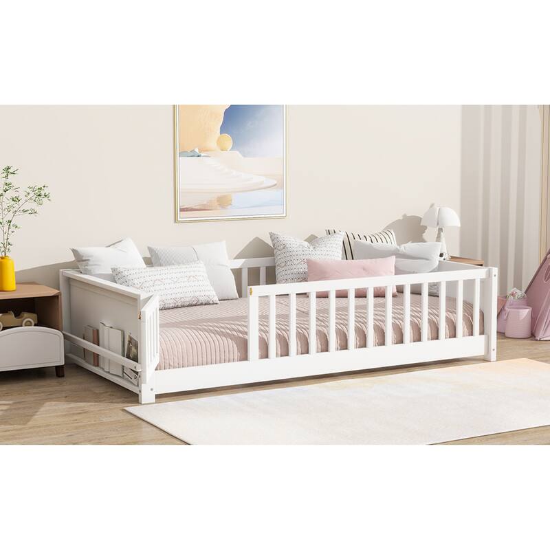 Roomfitters Twin Floor Bed with Built-in Book Rack and Swing Door, Rubber Wood Frame with Guardrails