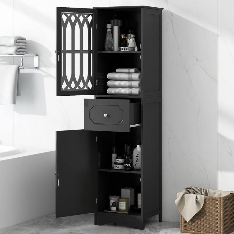 Freestanding Adjustable Storage Cabinet with Metal Knobs, Acrylic Panel Door Cabinet, Groove Pattern Drawer and Door Cabinet