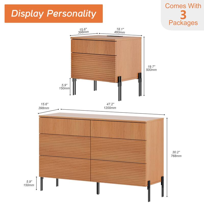 WAMPAT 3-Piece Modern Bedroom Set, 47" Fluted Dresser with 6 Drawers & 2 Nightstands with Charging Station, Oak